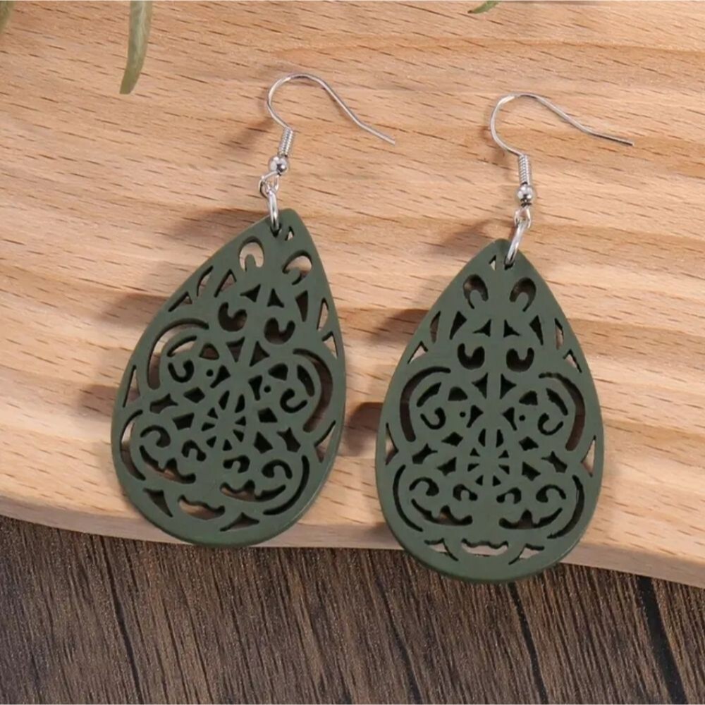 Forest Green orange earrings wood bohemian hollowed out earrings